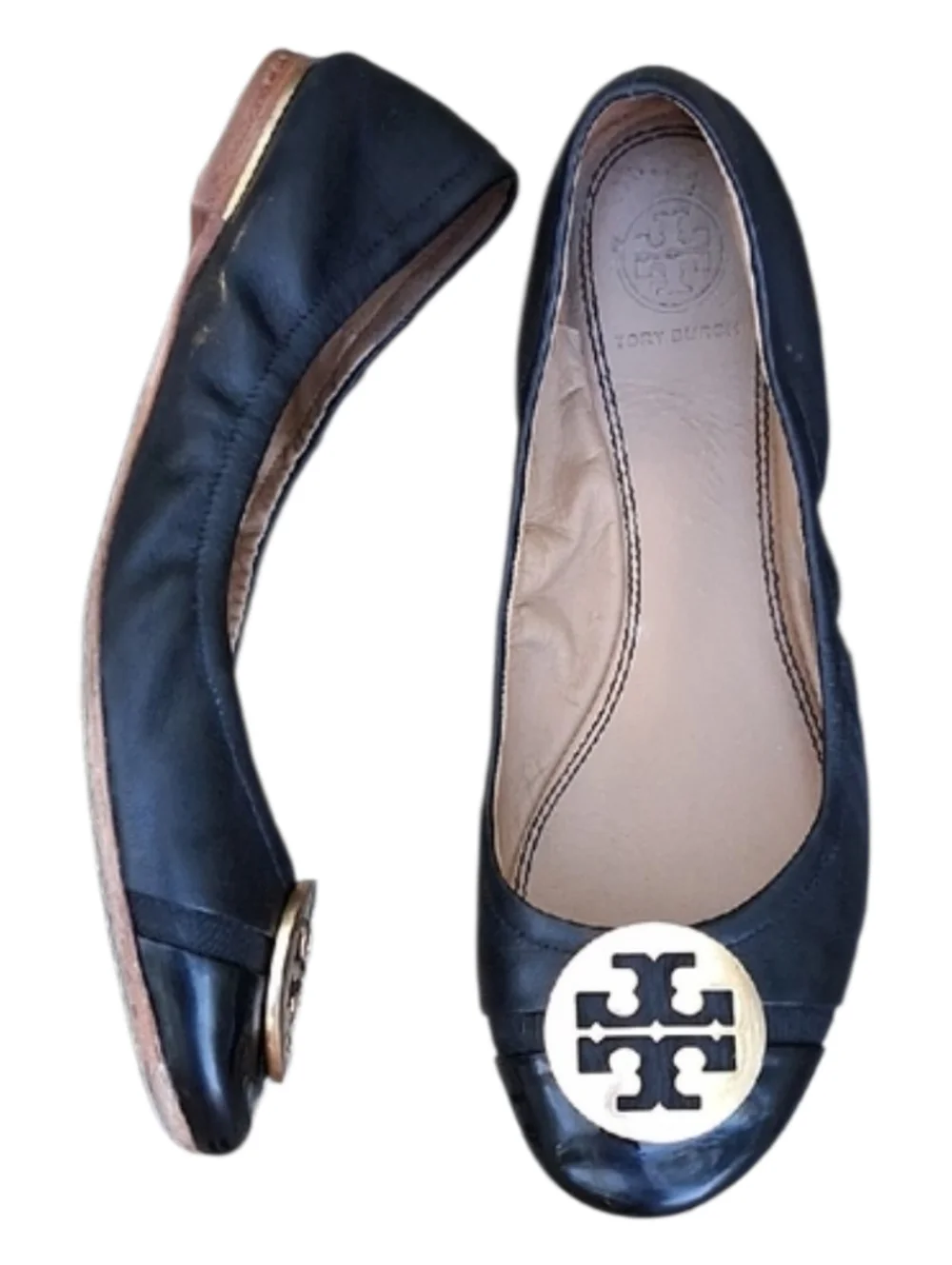 Tory Burch Minnie Travel Ballet Flats Black Leather Patent Cap Toe Size 8